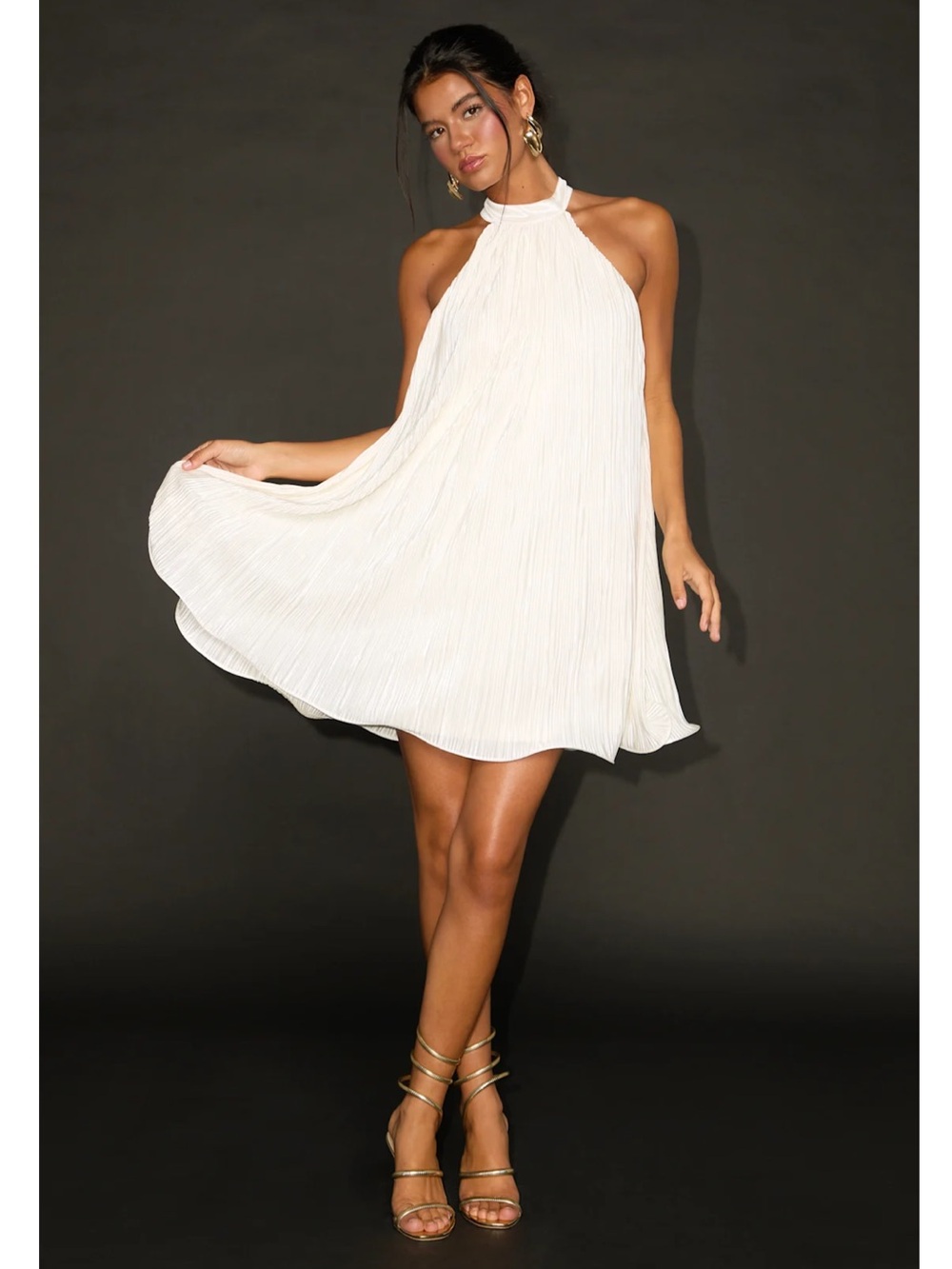Lulus Vaivah Ivory Satin Plisse Mock Neck Swing Mini Dress Event
